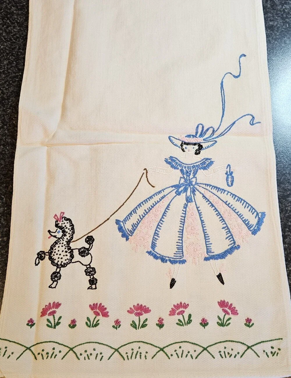 Vintage Embroidered Table Runner Poodle Lady Walk Dog MCM Mid Century